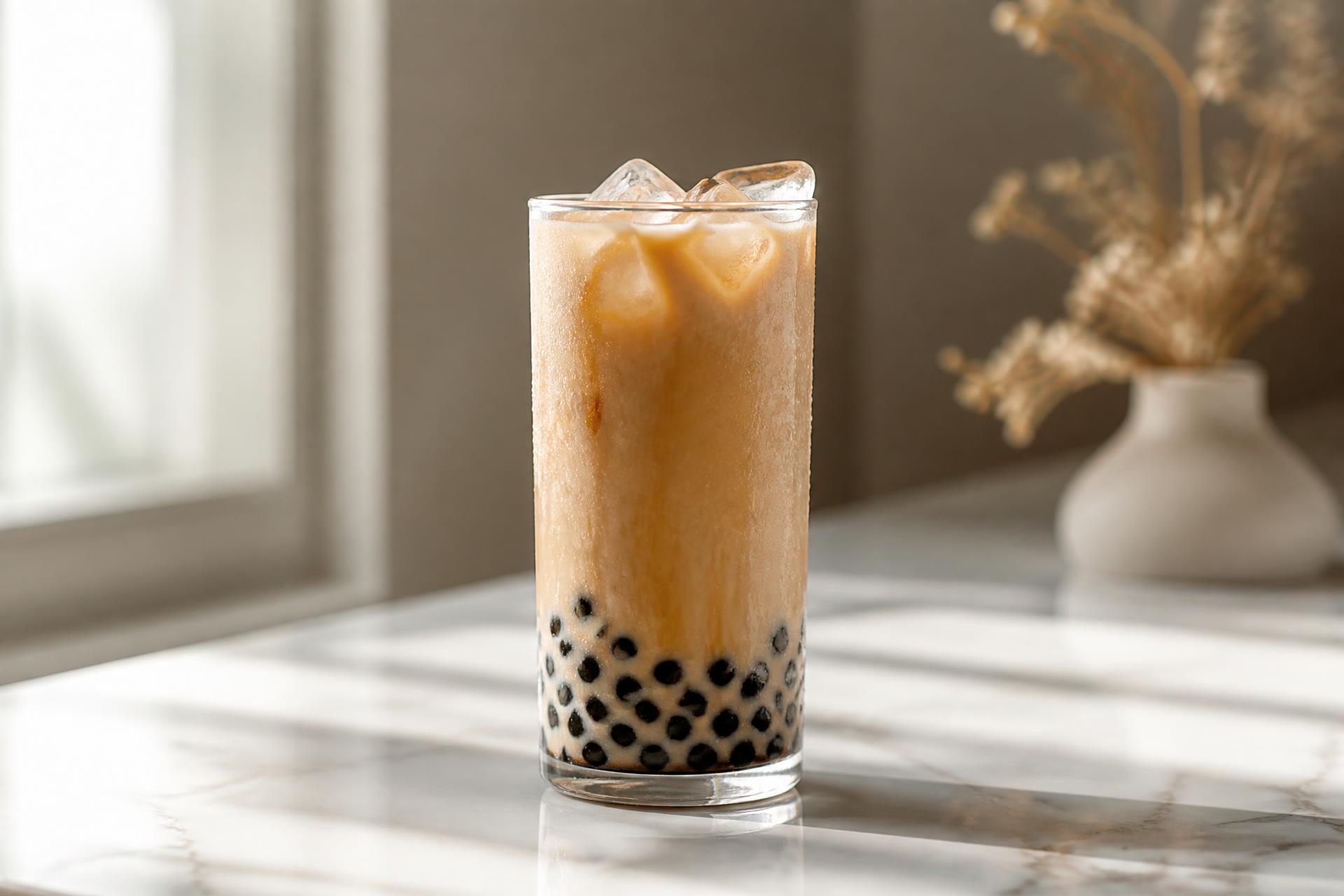 A glass of Hello boba milk tea with tapioca pearls on a marble counter