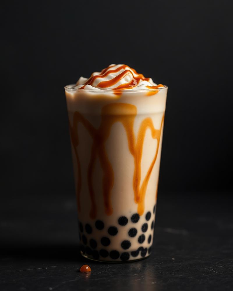 Brown sugar milk tea with caramel drizzle and tapioca pearls