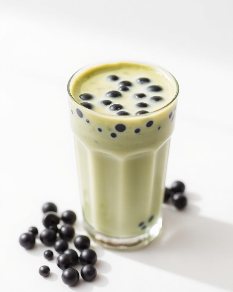 Matcha boba milk tea in a glass with tapioca pearls