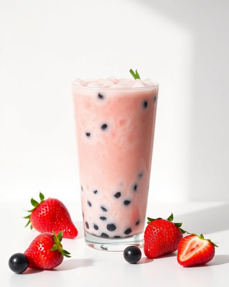 Strawberry boba tea with fresh strawberries