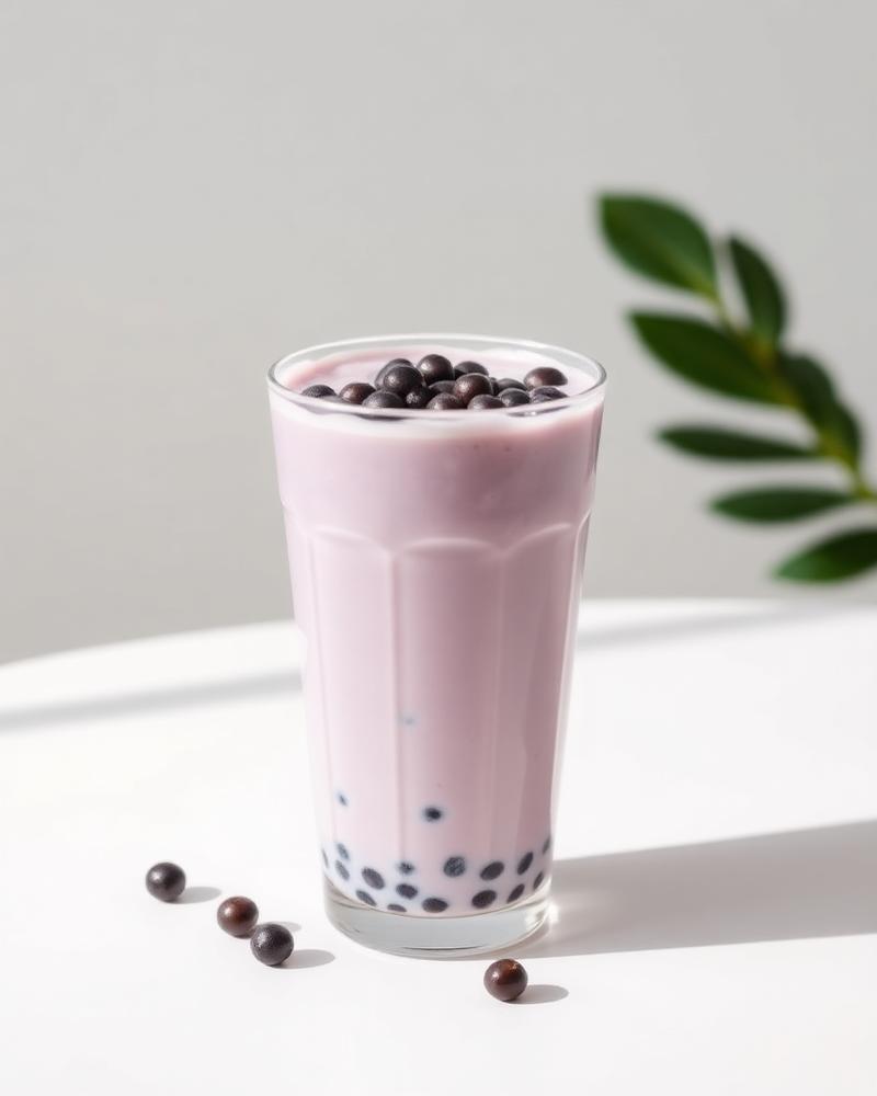 Taro boba milk tea with purple color and tapioca pearls